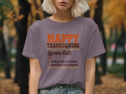 Purple t-shirt with "Happy Thanksgiving" and definition of "grateful".