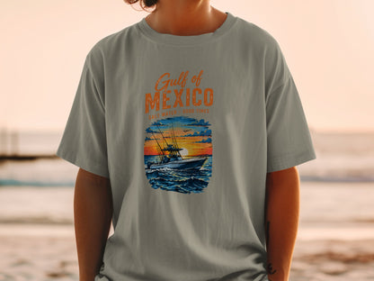 T-shirt graphic with "Gulf of Mexico Salt Water Good Times" text and fishing boat at sunset.