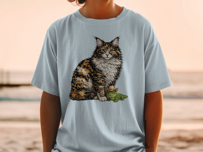Light blue t-shirt featuring a graphic of a fluffy calico cat next to a small alligator wearing a cowboy hat.