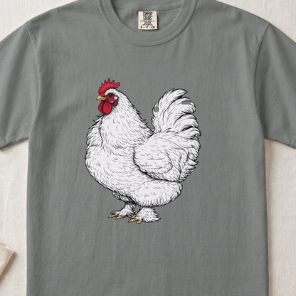 Gray crewneck t-shirt featuring an illustration of a fluffy white rooster with a red comb.