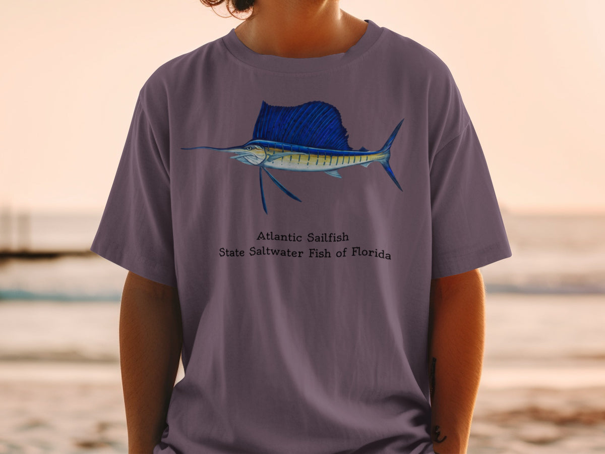 Atlantic Sailfish, State Saltwater Fish of Florida graphic on purple t-shirt.