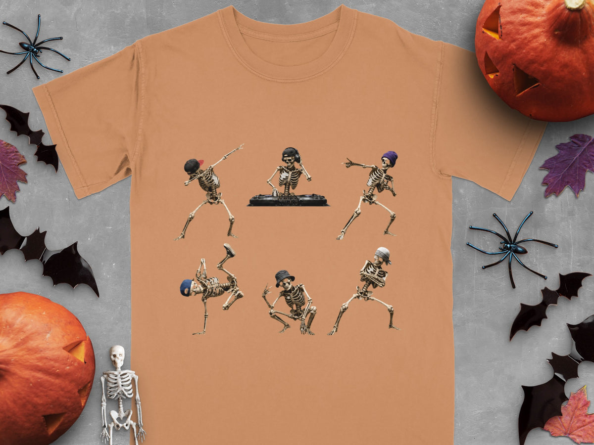Skeleton dancers and DJ on an orange t-shirt.