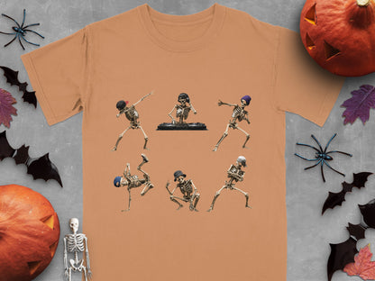 Skeleton dancers and DJ on an orange t-shirt.