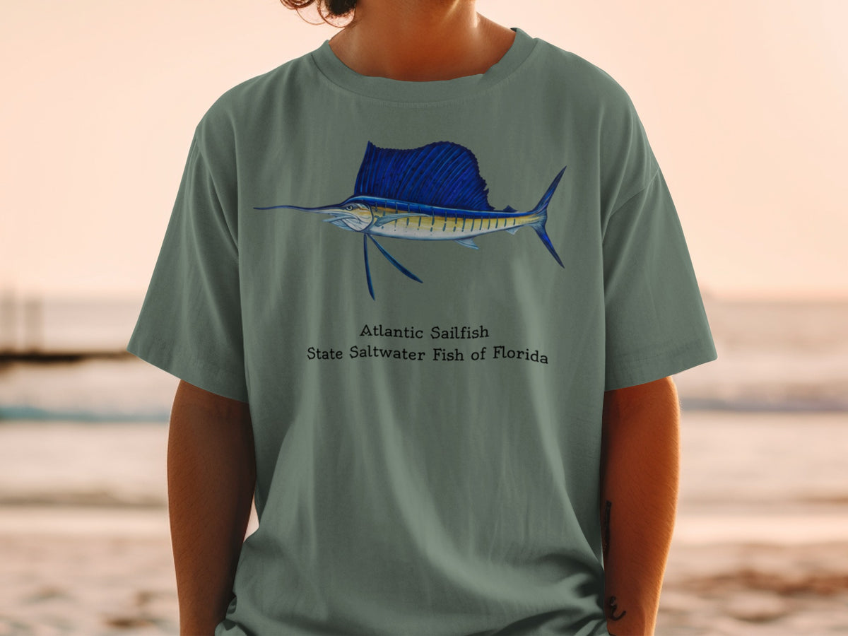 Green t-shirt with illustration of an Atlantic Sailfish, Florida's state saltwater fish.