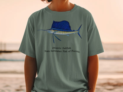 Green t-shirt with illustration of an Atlantic Sailfish, Florida's state saltwater fish.
