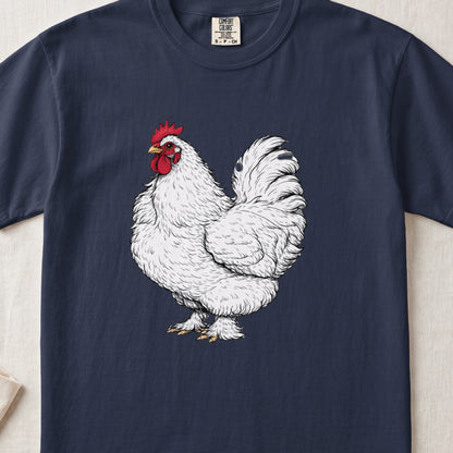 A dark blue t-shirt featuring a detailed illustration of a fluffy white rooster with a red comb and wattle.