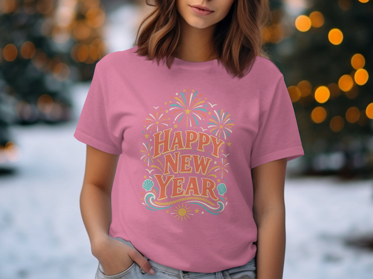 Pink t-shirt with "Happy New Year" text and fireworks design.
