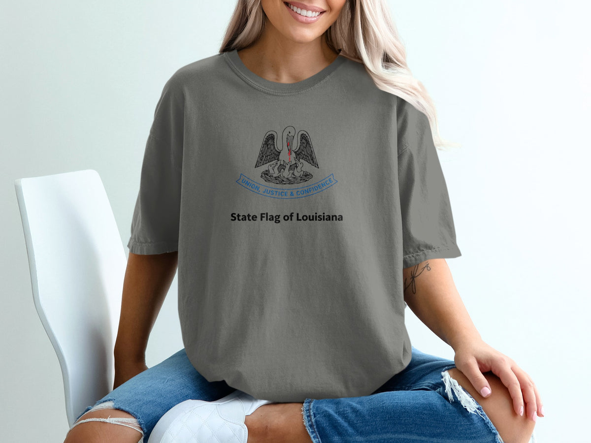 T-shirt with the State Flag of Louisiana design and motto.