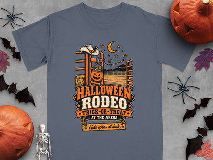 Halloween Rodeo Trick-or-Treat graphic with pumpkin, cowboy hat, and arena scene.