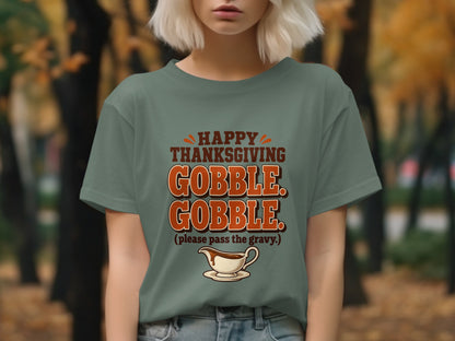 Green t-shirt with "Happy Thanksgiving Gobble Gobble" and gravy boat graphic.