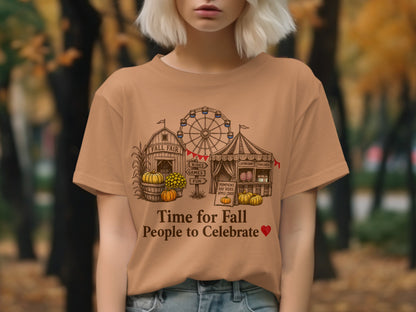 Brown t-shirt with fall fair graphic and "Time for Fall People to Celebrate" text.
