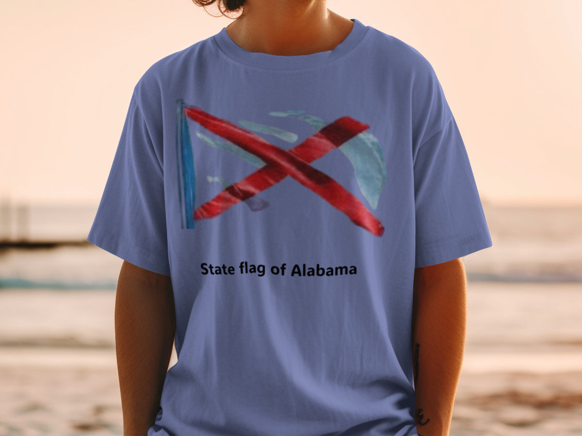 Blue t-shirt with the state flag of Alabama graphic and text.