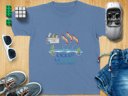 T-shirt with Ocean Olympics synchronized swimming graphic featuring shrimp and sea creatures.