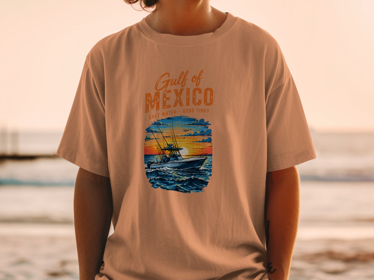 Peach t-shirt with "Gulf of Mexico Salt Water Good Times" and fishing boat graphic.