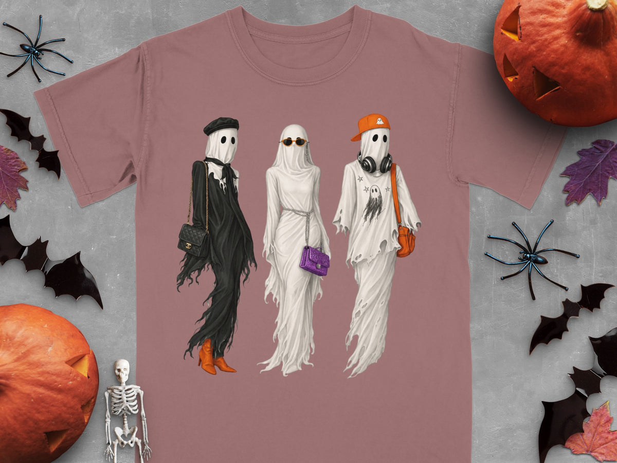 Three ghosts in fashionable outfits and accessories stand in a line.