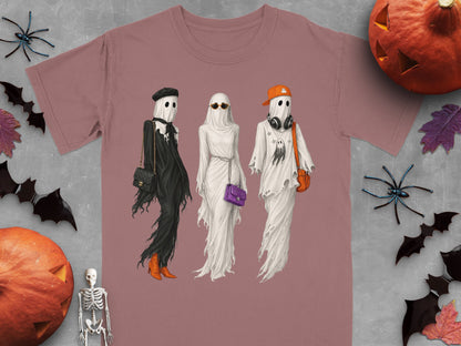 Three ghosts in fashionable outfits and accessories stand in a line.