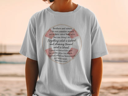 T-shirt with scripture from Philippians 3:13-14 within a life preserver design.
