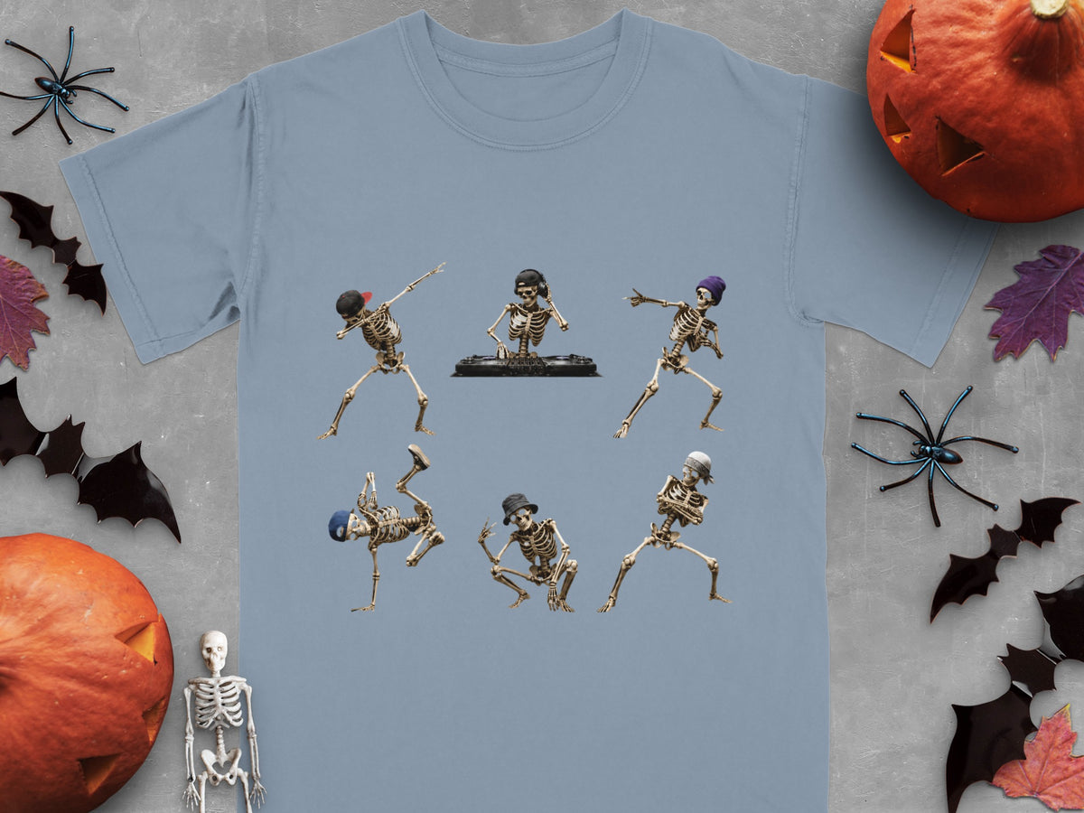 Six dancing skeletons in various poses on a light blue t-shirt.