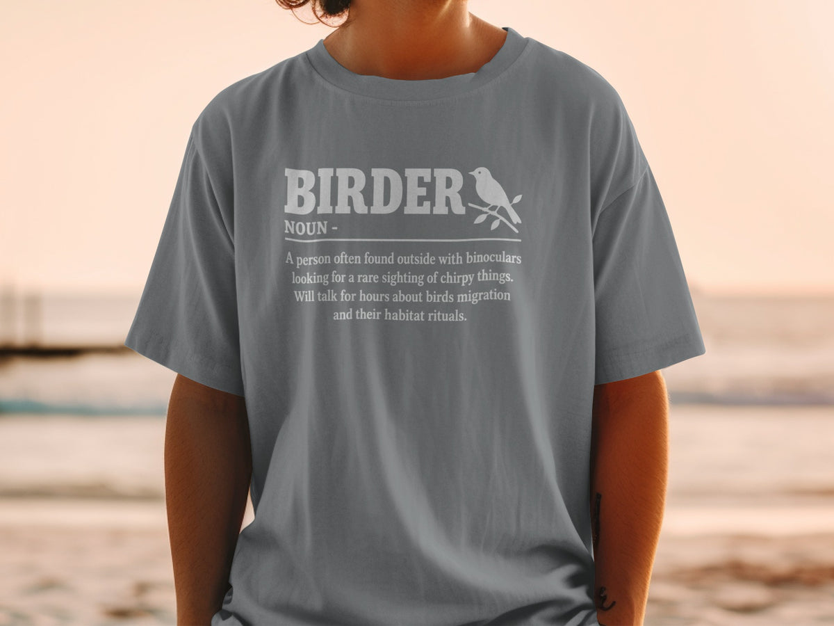 T-shirt with white text and bird illustration defining "Bird er."