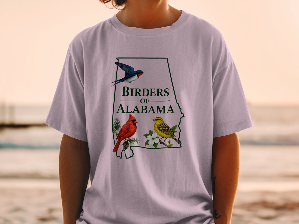 Alabama map outline with text and birds, including a cardinal and yellow finch.