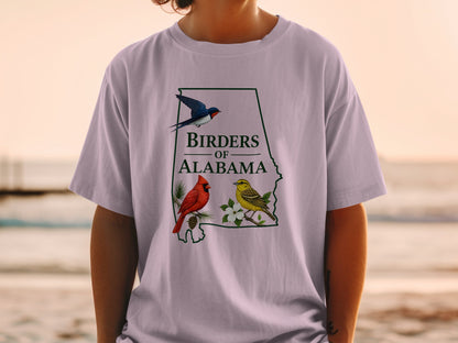 Alabama map outline with text and birds, including a cardinal and yellow finch.