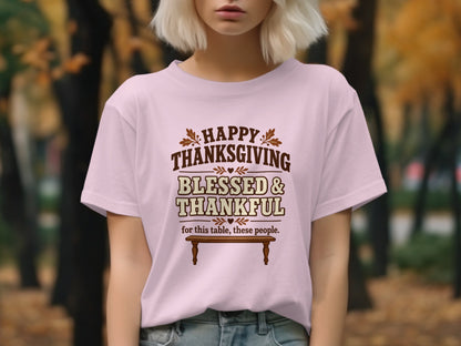 Pink t-shirt with "Happy Thanksgiving Blessed & Thankful" text and a wooden table graphic.