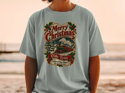 Merry Christmas Olde-Tyme Wishing You Cheer train graphic on a t-shirt.