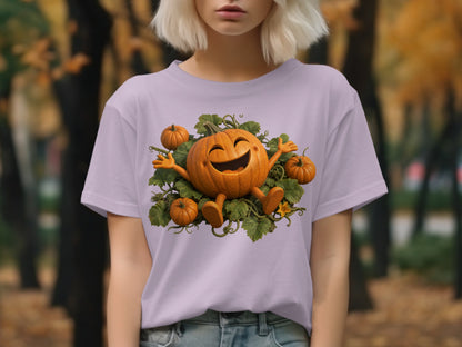 Cartoon pumpkin character with outstretched arms on a light purple t-shirt.