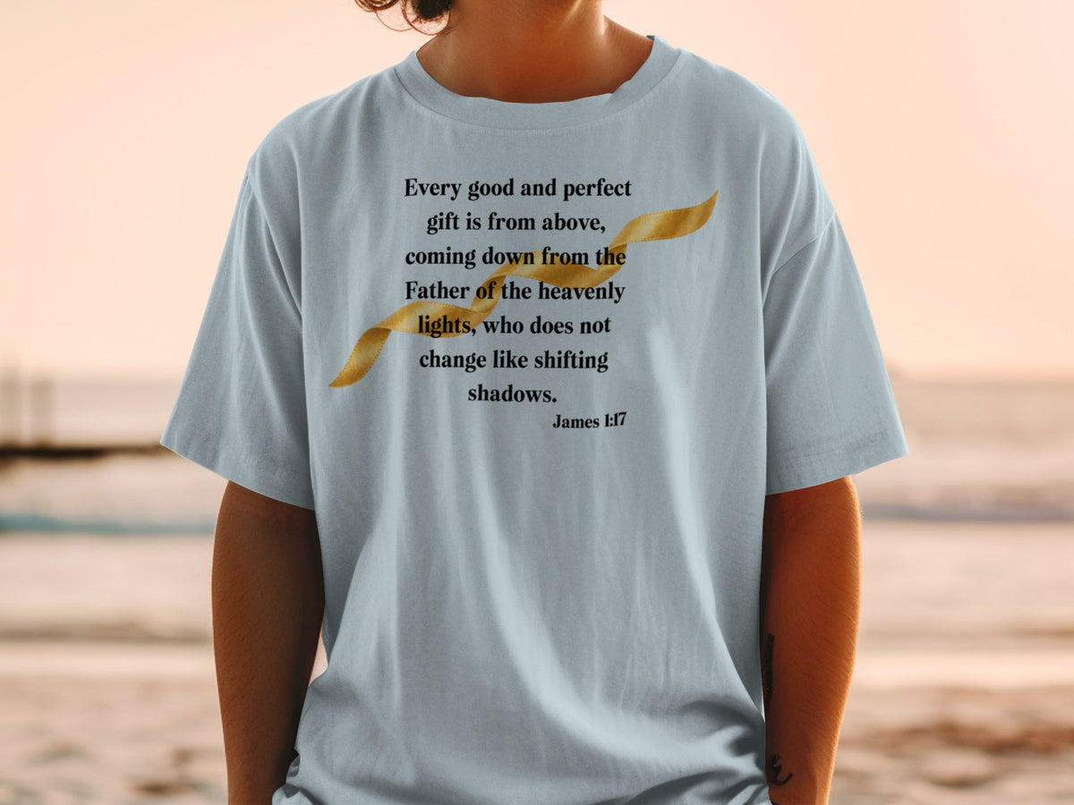 Light blue t-shirt with the Bible verse James 1:17 and a golden ribbon.