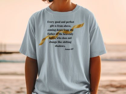 Light blue t-shirt with the Bible verse James 1:17 and a golden ribbon.