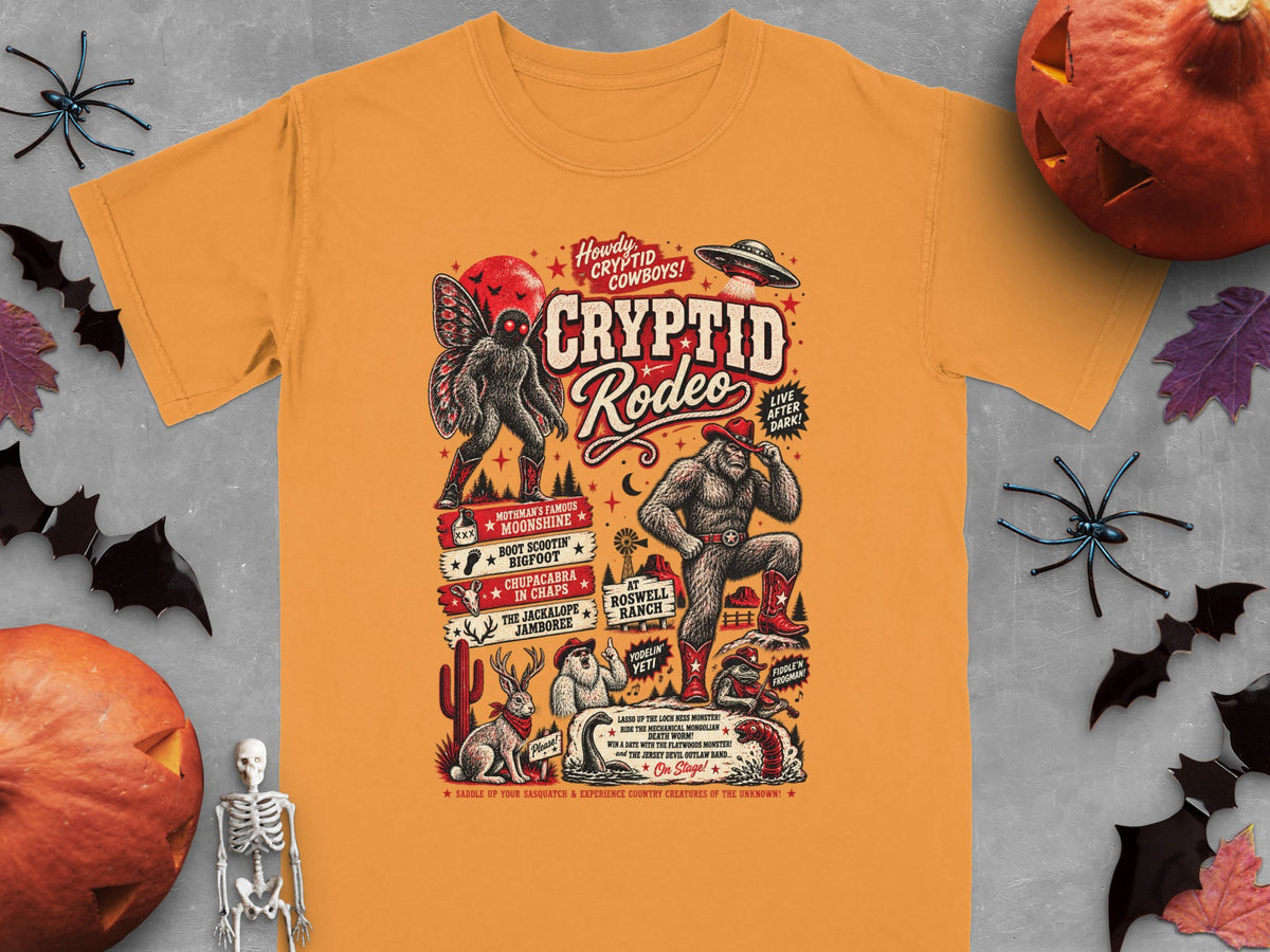 Orange t-shirt featuring Cryptid Rodeo graphic with Mothman, Bigfoot, Yeti, and Jackalope.