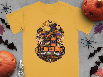 Yellow t-shirt with "Halloween Rodeo Spooky Barrel Racing Turn tight. Run fast." graphic.