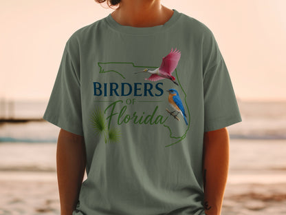 Birders of Florida t-shirt with pink bird and bluebird inside Florida outline.