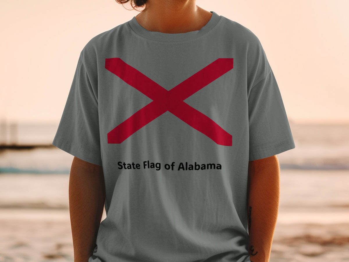 Gray t-shirt featuring the State Flag of Alabama and text.