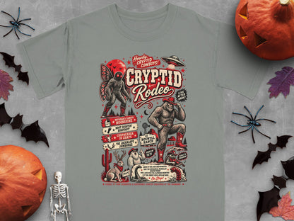 Cryptid Rodeo graphic with Mothman, Bigfoot, Chupacabra, Jackalope, Loch Ness Monster, UFO, and band.