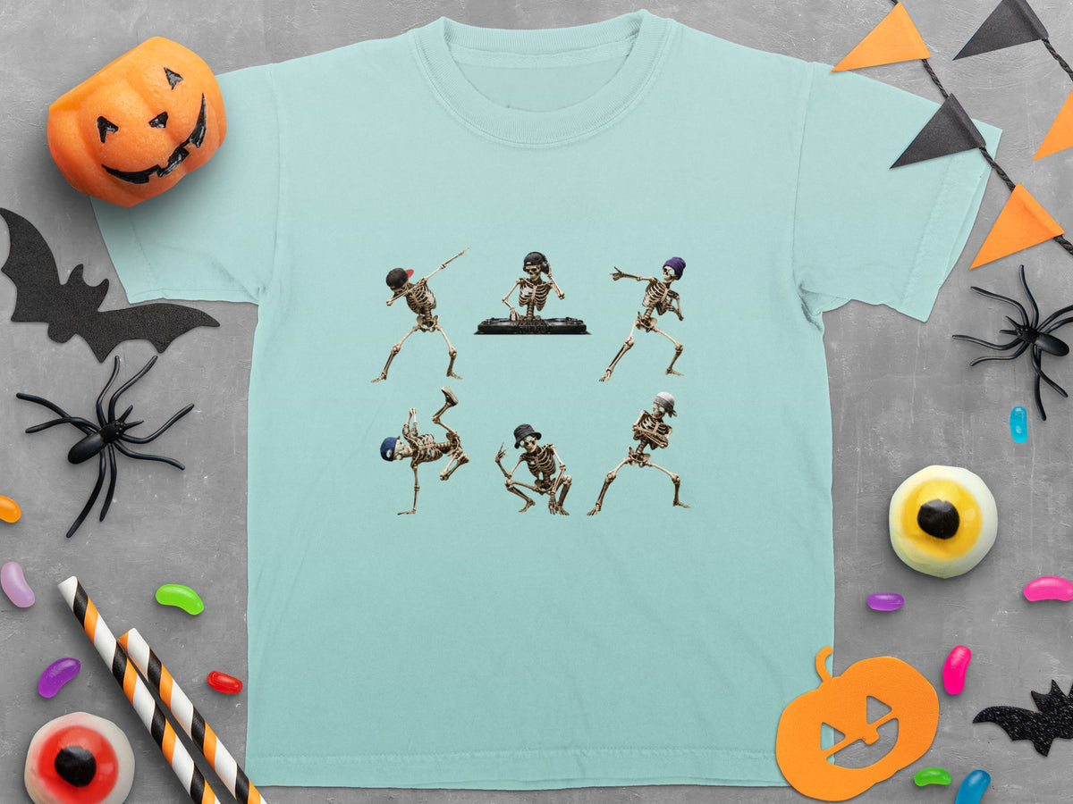 Light blue t-shirt with dancing skeletons and a DJ graphic.