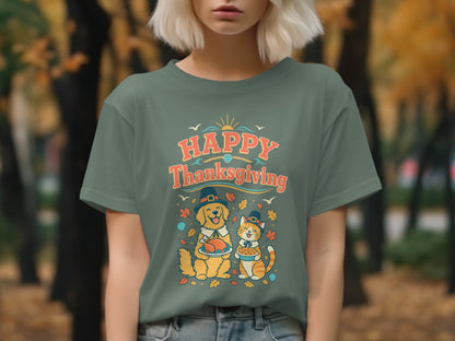 Dog and cat wearing Pilgrim hats with "Happy Thanksgiving" text.