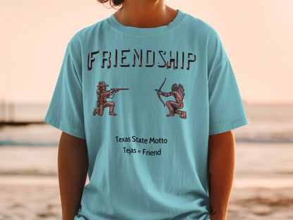 Tejas = Friend Texas State Motto t-shirt with cowboy and Native American graphics.