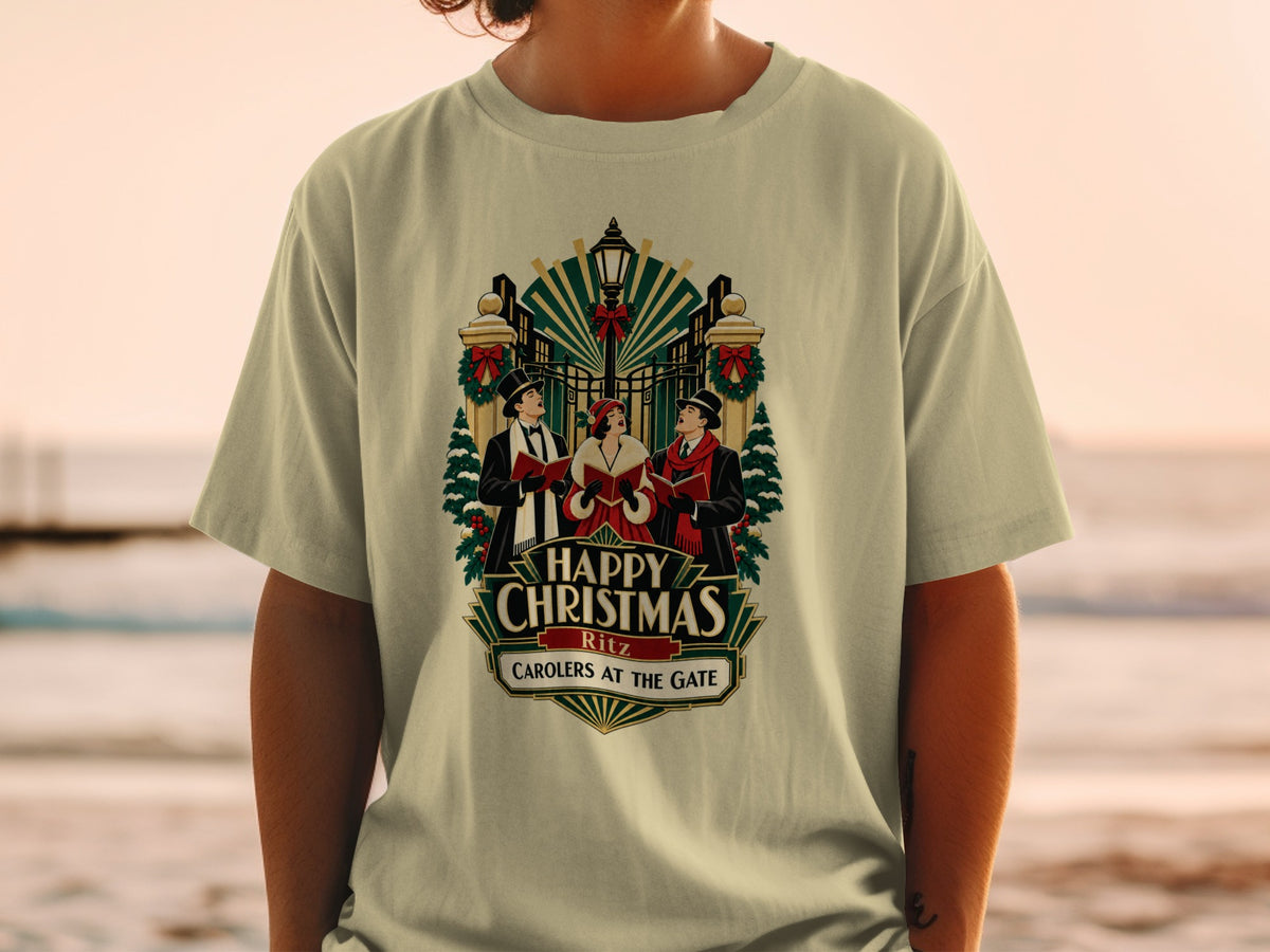 T-shirt with "Happy Christmas Ritz Carolers at the Gate" graphic of singers.