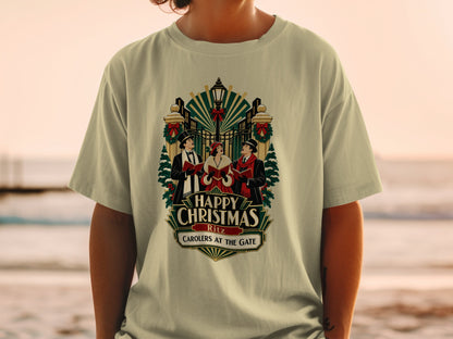 T-shirt with "Happy Christmas Ritz Carolers at the Gate" graphic of singers.