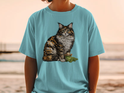 A person wearing a light blue t-shirt featuring a detailed illustration of a fluffy cat and a small alligator wearing a cowboy hat.