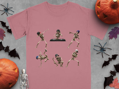 Skeletons dancing around a DJ set on a pink t-shirt.