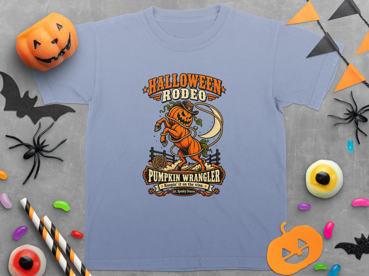 Light blue t-shirt with "Halloween Rodeo Pumpkin Wrangler" graphic.