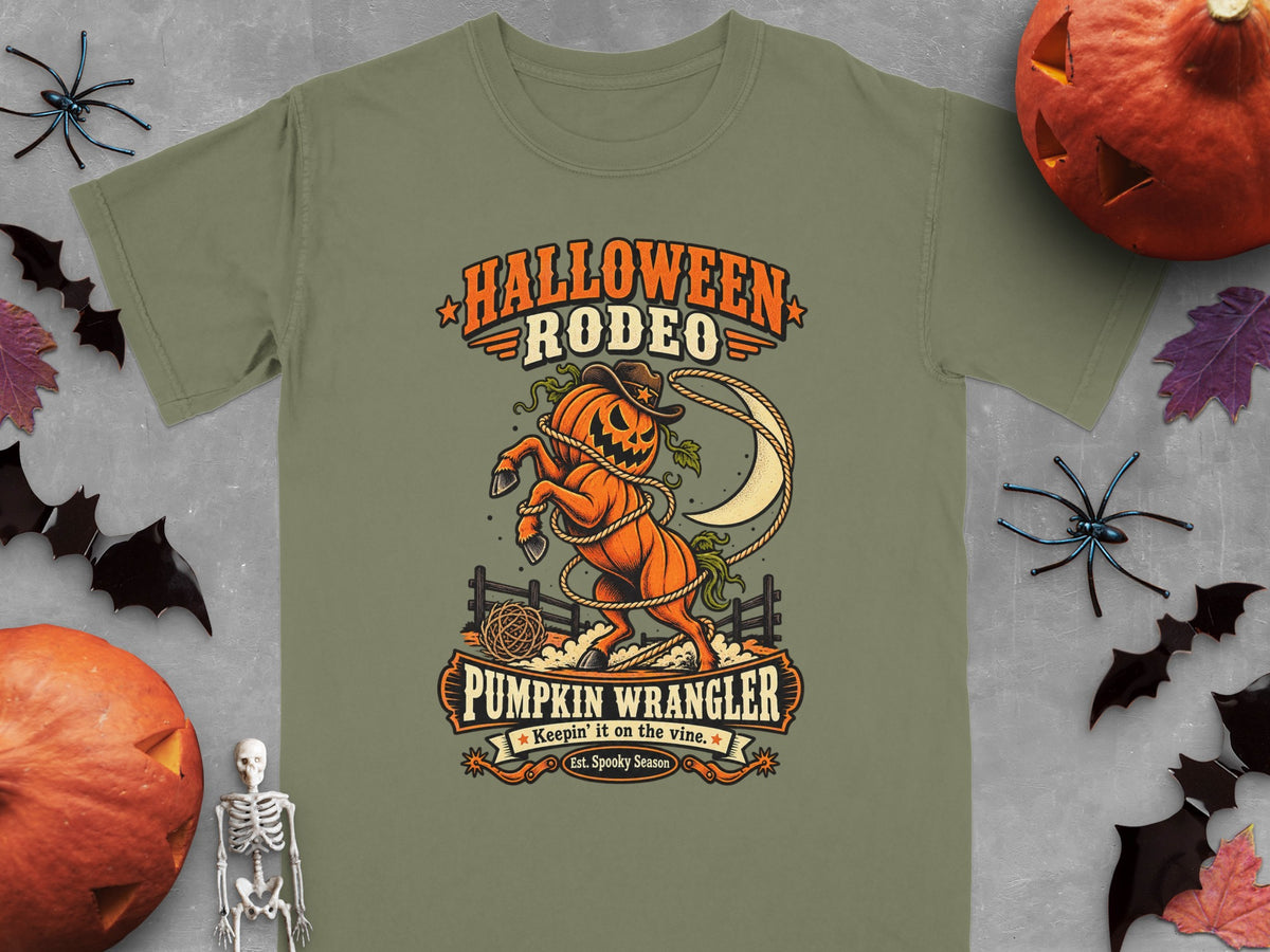 Halloween Rodeo Pumpkin Wrangler graphic with a bucking pumpkin horse.