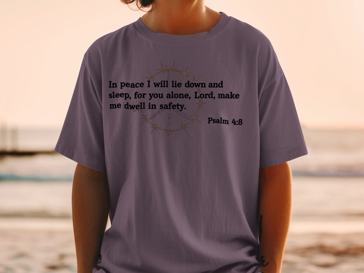 T-shirt with Psalm 4:8 text and crown of thorns graphic.