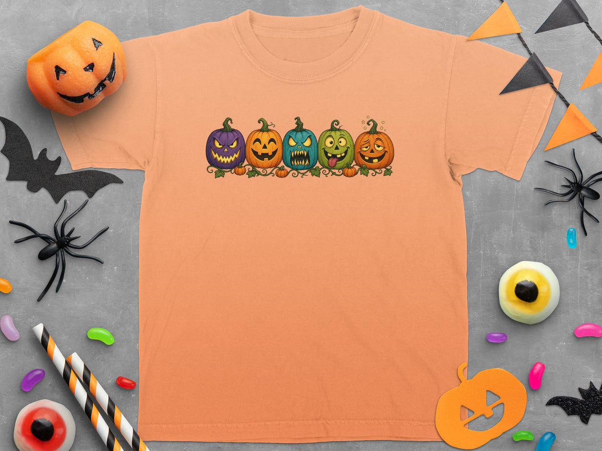 Orange t-shirt with five cartoon pumpkins with funny faces and Halloween decorations.