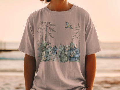 Illustration of birdwatchers in a forest, with a bird flying overhead.