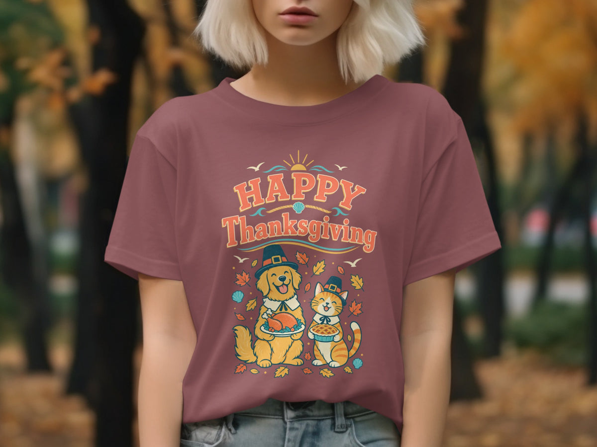 Happy Thanksgiving text with dog and cat holding turkey and pie.