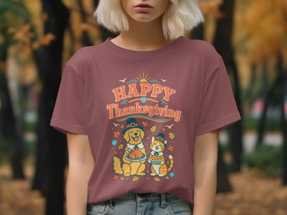 Happy Thanksgiving text with dog and cat holding turkey and pie.