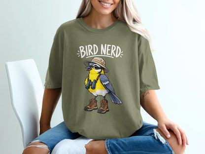 T-shirt with "BIRD NERD" text above cartoon bird wearing hat and binoculars.